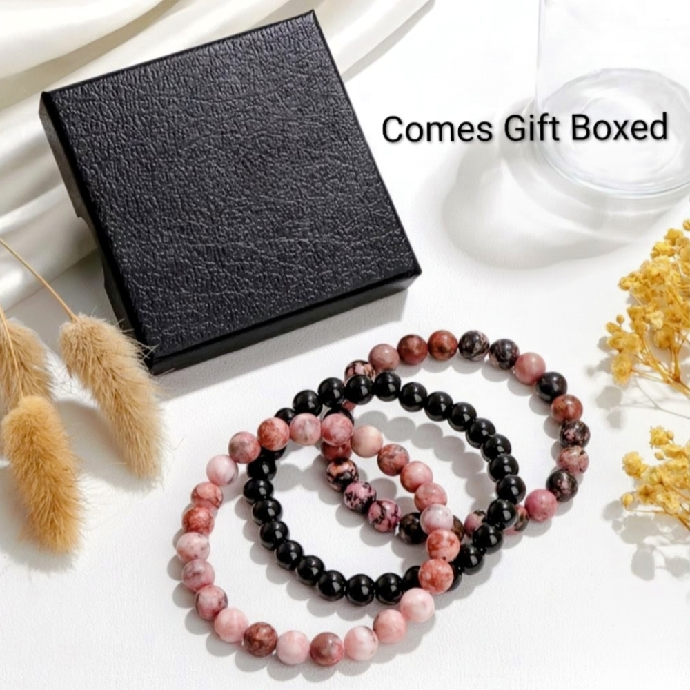 Pink Black 3-piece Bracelet Set Natural Stone Chakra Bracelets - Picture 3 of 7